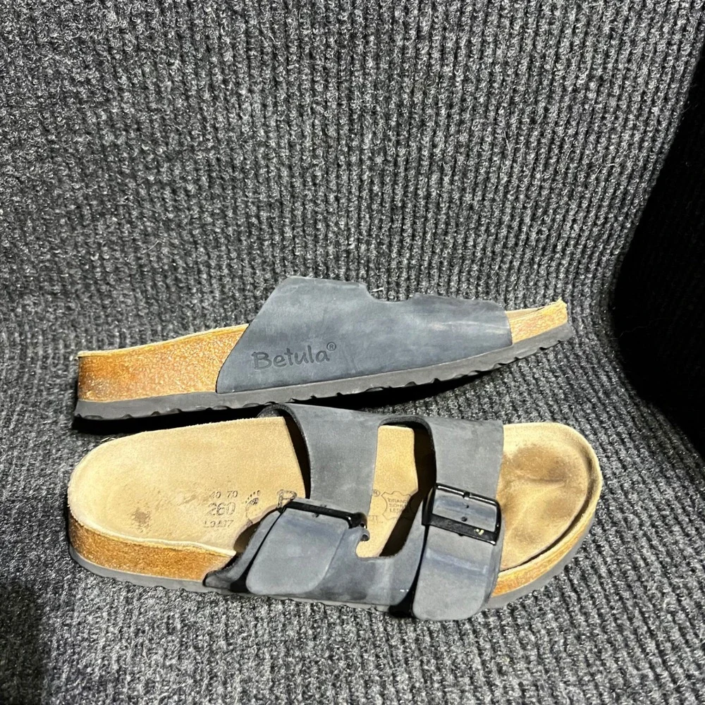 Betula Birkenstock Sandals Mens 40 L9 M7 Black Two Strap Slide Cork Footbed